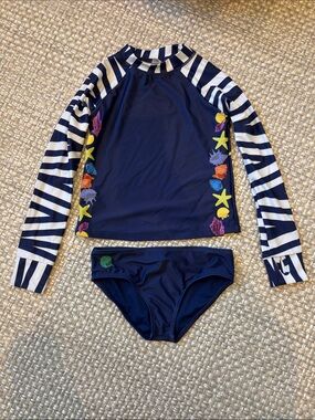 Limeapple Navy Striped Long-Sleeve Rash Guard Swim Set with Colorful Sea Life
